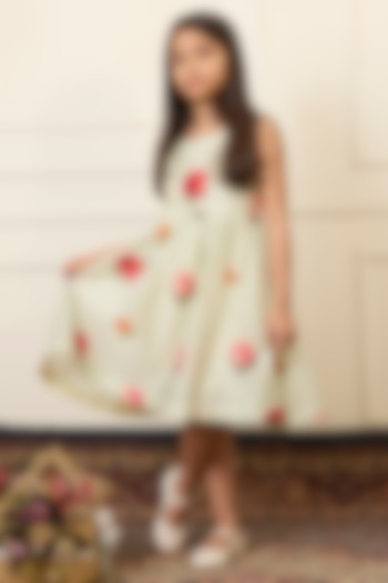 Mint Green Handwoven Chanderi Printed Dress For Girls by Mamma Plz at Pernia's Pop Up Shop