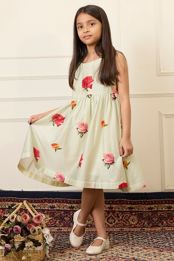 Mint Green Handwoven Chanderi Printed Dress For Girls by Mamma Plz at Pernia's Pop Up Shop