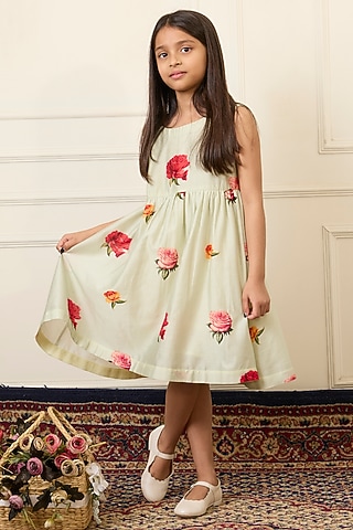 Mint Green Handwoven Chanderi Printed Dress For Girls by Mamma Plz