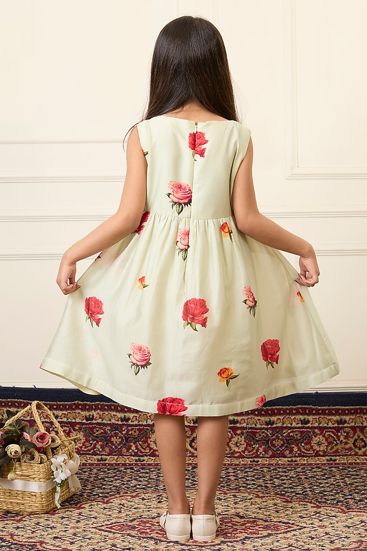 Mint Green Handwoven Chanderi Printed Dress For Girls by Mamma Plz at Pernia's Pop Up Shop