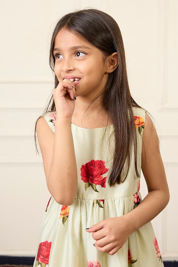 Mint Green Handwoven Chanderi Printed Dress For Girls by Mamma Plz at Pernia's Pop Up Shop