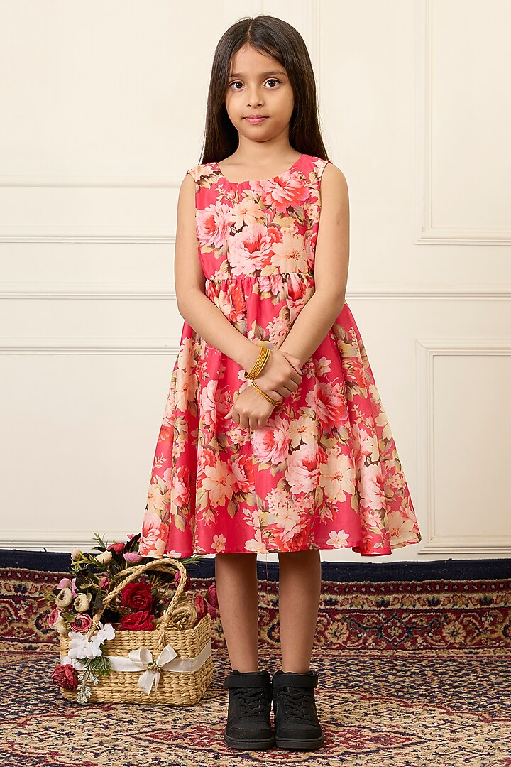 Pink Handwoven Chanderi Printed Dress For Girls by Mamma Plz at Pernia's Pop Up Shop