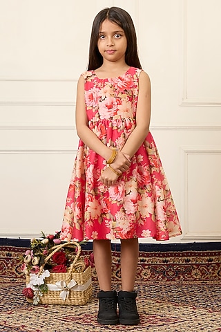 Pink Handwoven Chanderi Printed Dress For Girls by Mamma Plz