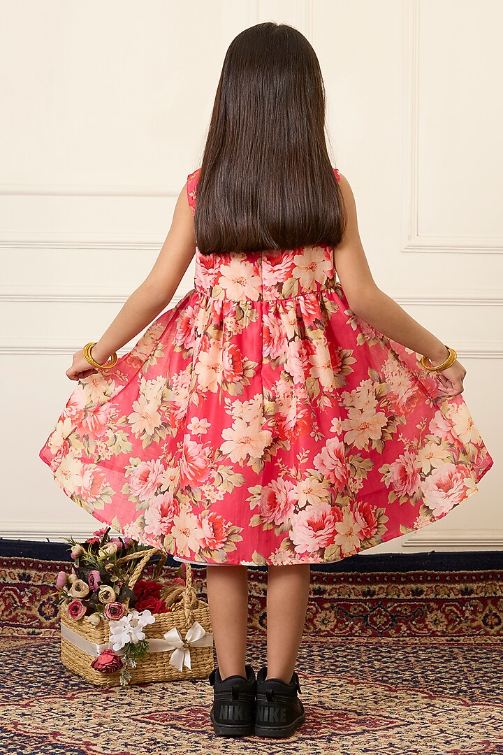 Pink Handwoven Chanderi Printed Dress For Girls by Mamma Plz at Pernia's Pop Up Shop