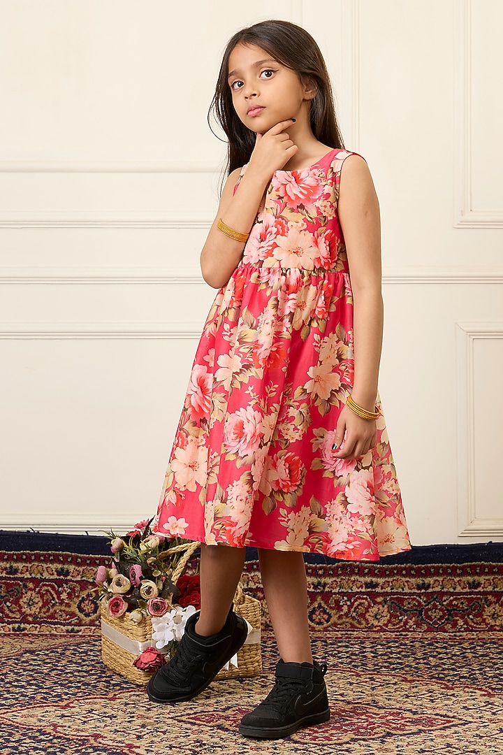 Pink Handwoven Chanderi Printed Dress For Girls by Mamma Plz at Pernia's Pop Up Shop