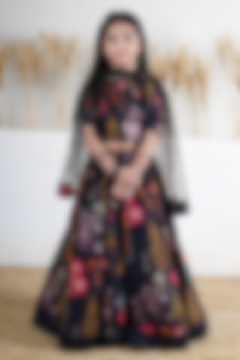 Black Handwoven Chanderi Floral Printed Lehenga Set For Girls by Mamma Plz at Pernia's Pop Up Shop