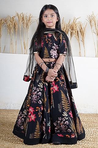 Black Handwoven Chanderi Floral Printed Lehenga Set For Girls by Mamma Plz