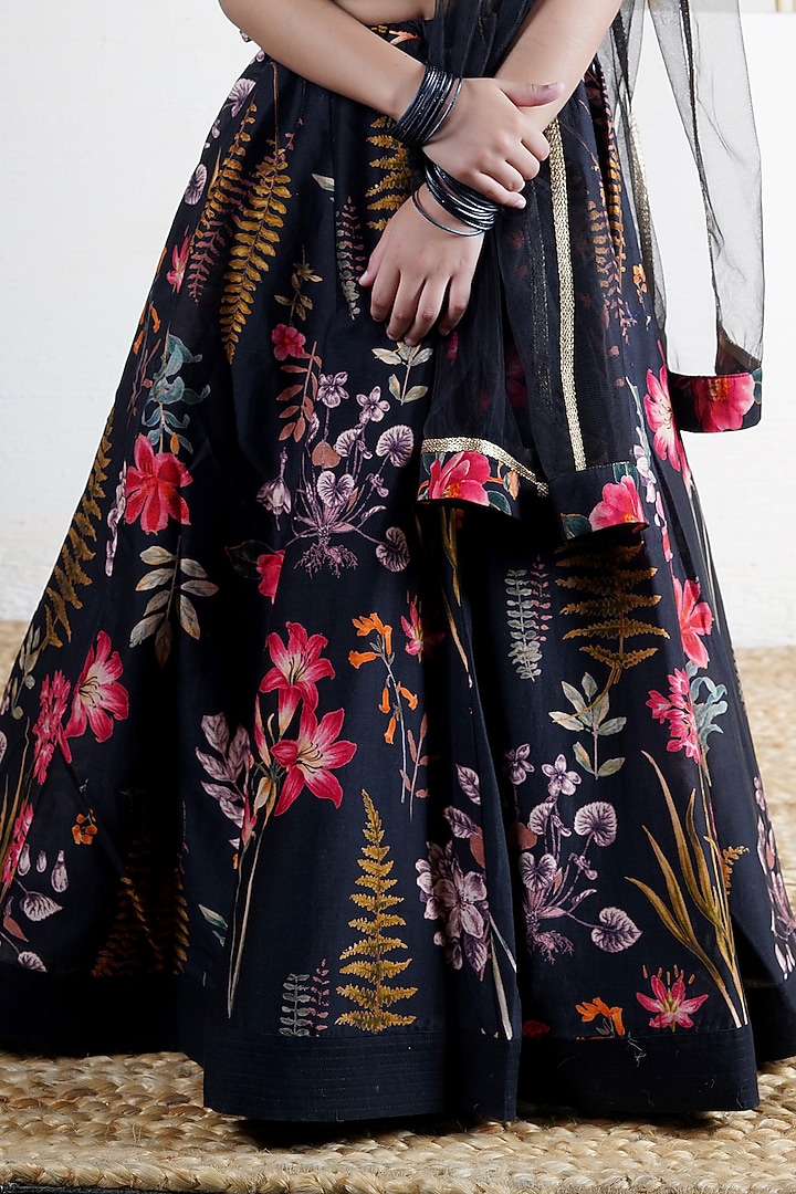 Black Handwoven Chanderi Floral Printed Lehenga Set For Girls by Mamma Plz at Pernia's Pop Up Shop