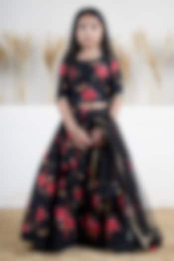 Black Handwoven Chanderi Floral Printed Lehenga Set For Girls by Mamma Plz at Pernia's Pop Up Shop
