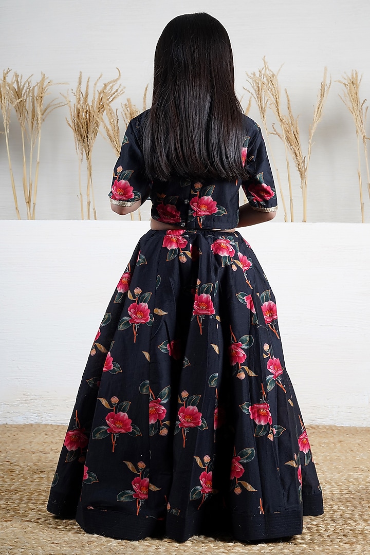 Black Handwoven Chanderi Floral Printed Lehenga Set For Girls by Mamma Plz at Pernia's Pop Up Shop