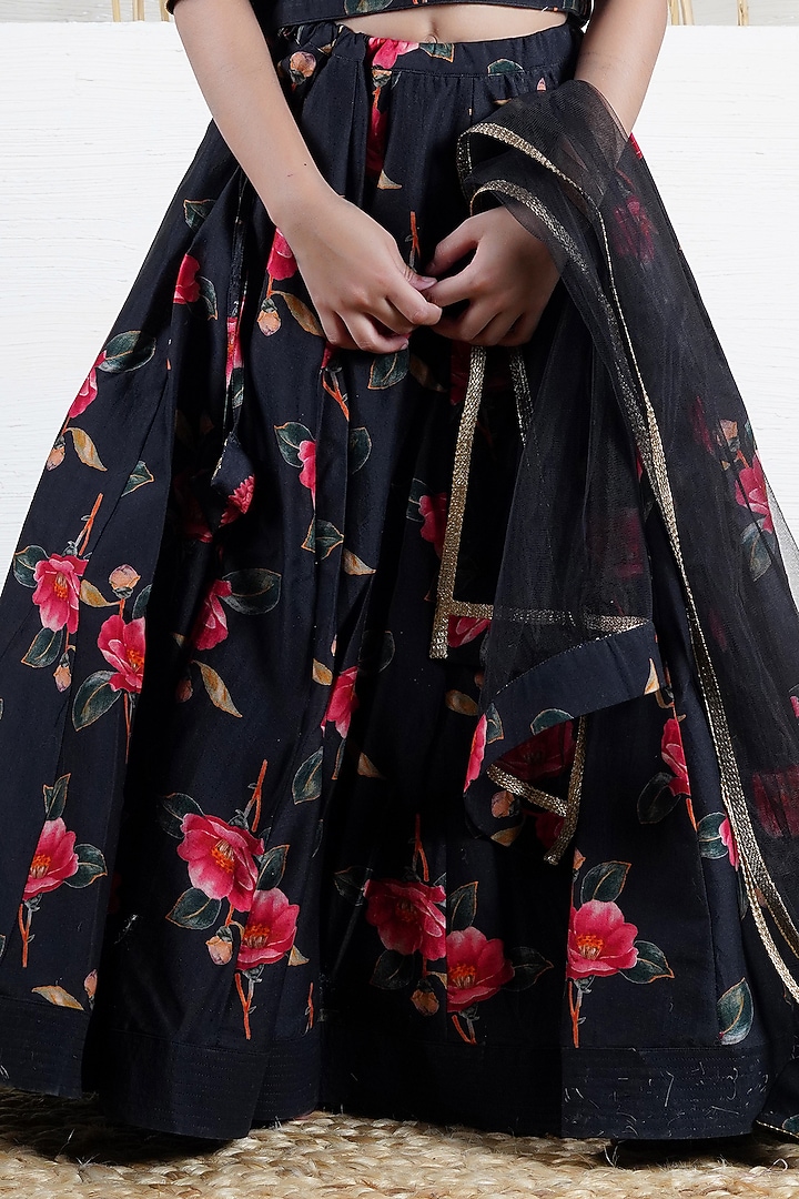 Black Handwoven Chanderi Floral Printed Lehenga Set For Girls by Mamma Plz at Pernia's Pop Up Shop