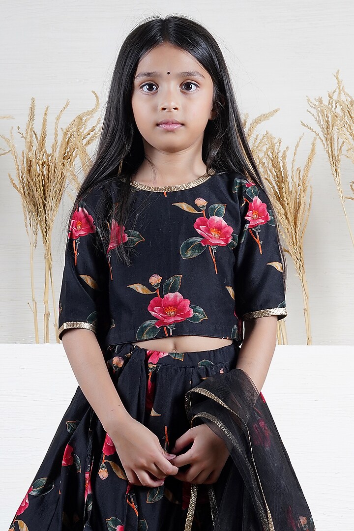 Black Handwoven Chanderi Floral Printed Lehenga Set For Girls by Mamma Plz at Pernia's Pop Up Shop