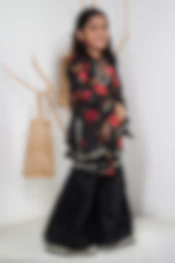 Black Handwoven Chanderi Floral Printed Sharara Set For Girls by Mamma Plz at Pernia's Pop Up Shop