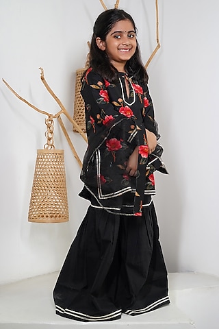 Black Handwoven Chanderi Floral Printed Sharara Set For Girls by Mamma Plz