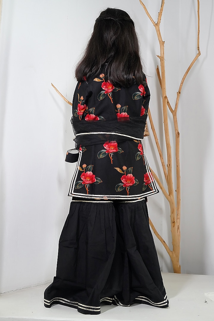 Black Handwoven Chanderi Floral Printed Sharara Set For Girls by Mamma Plz at Pernia's Pop Up Shop
