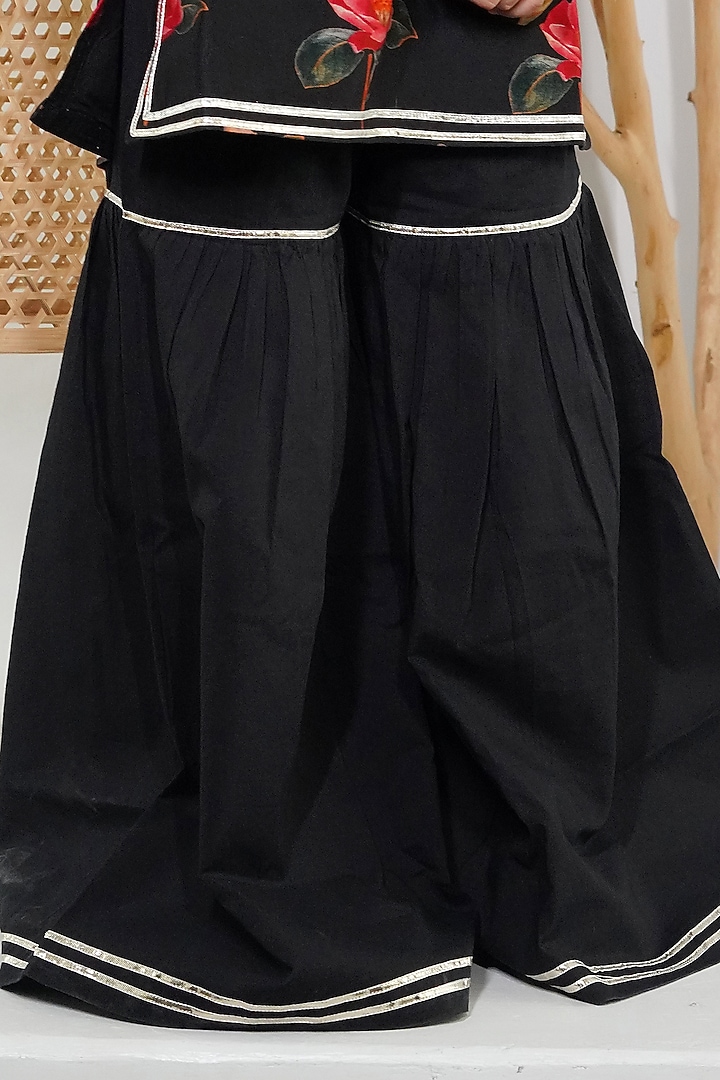 Black Handwoven Chanderi Floral Printed Sharara Set For Girls by Mamma Plz at Pernia's Pop Up Shop
