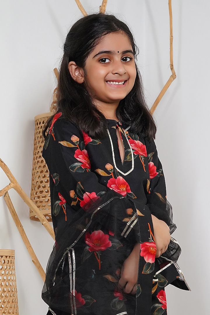 Black Handwoven Chanderi Floral Printed Sharara Set For Girls by Mamma Plz at Pernia's Pop Up Shop