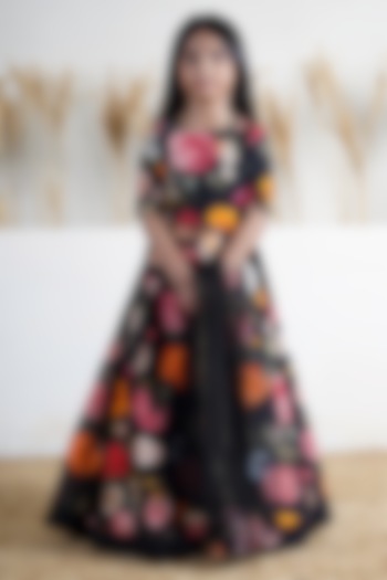 Black Handwoven Chanderi Floral Printed Lehenga Set For Girls by Mamma Plz at Pernia's Pop Up Shop