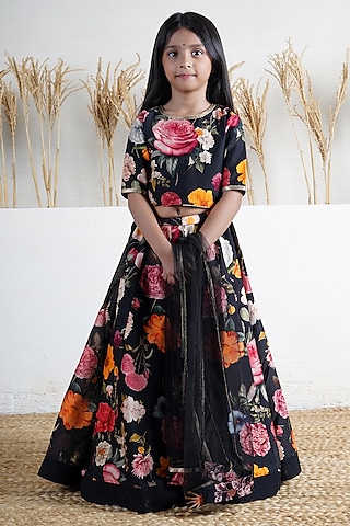 Black Handwoven Chanderi Floral Printed Lehenga Set For Girls by Mamma Plz