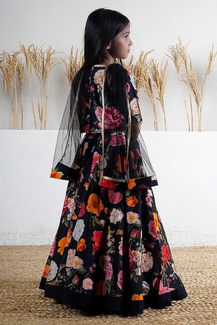 Black Handwoven Chanderi Floral Printed Lehenga Set For Girls by Mamma Plz at Pernia's Pop Up Shop