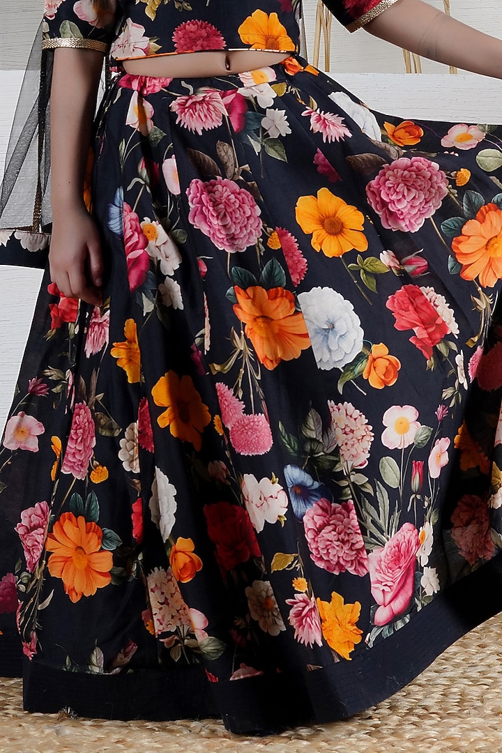 Black Handwoven Chanderi Floral Printed Lehenga Set For Girls by Mamma Plz at Pernia's Pop Up Shop