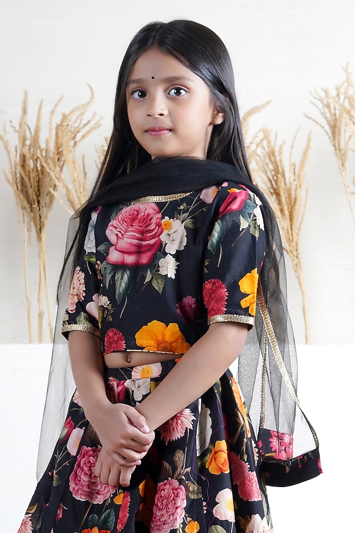 Black Handwoven Chanderi Floral Printed Lehenga Set For Girls by Mamma Plz at Pernia's Pop Up Shop