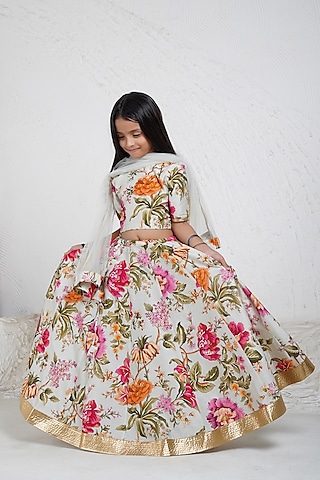 Light Green Handwoven Chanderi Floral Printed Lehenga Set For Girls by Mamma Plz