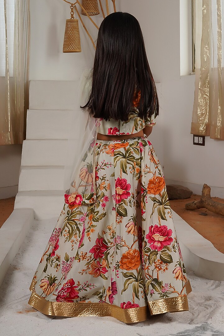 Light Green Handwoven Chanderi Floral Printed Lehenga Set For Girls by Mamma Plz at Pernia's Pop Up Shop