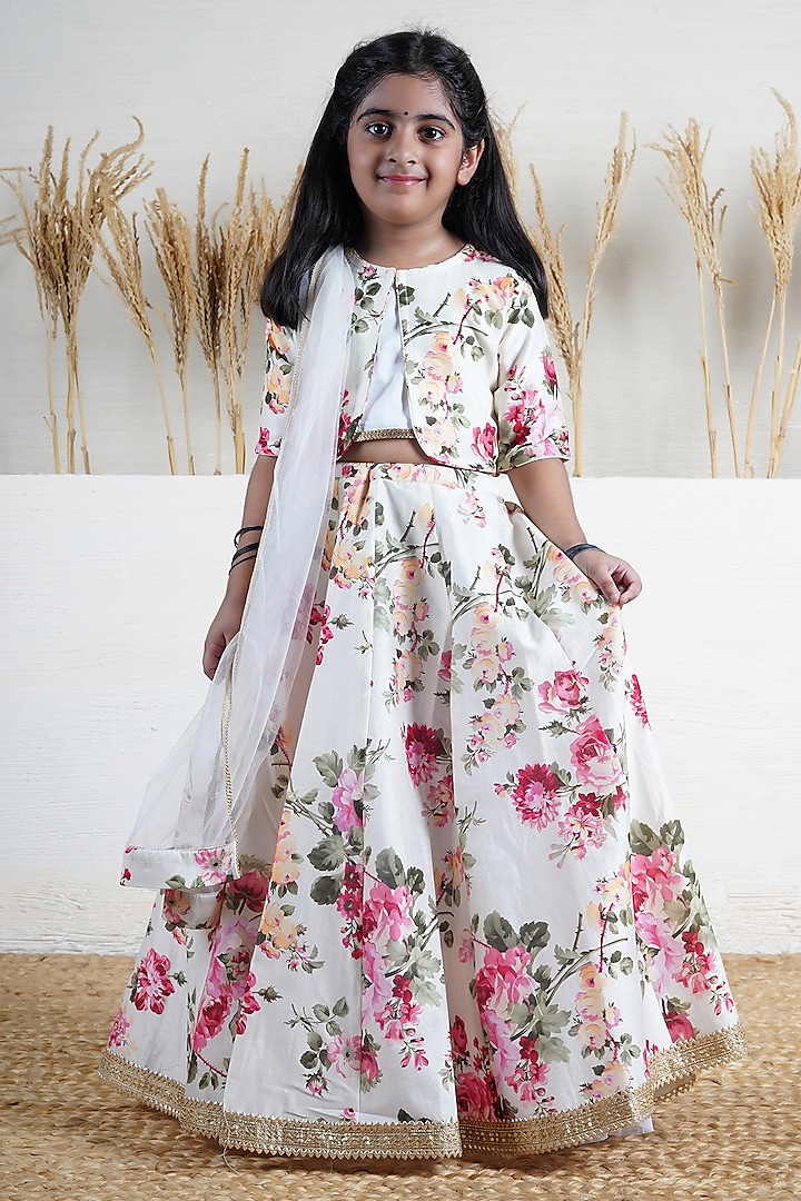 Ivory Handwoven Chanderi Floral Printed Lehenga Set For Girls by Mamma Plz at Pernia's Pop Up Shop