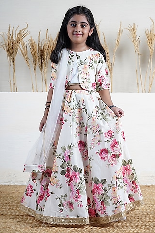 Ivory Handwoven Chanderi Floral Printed Lehenga Set For Girls by Mamma Plz