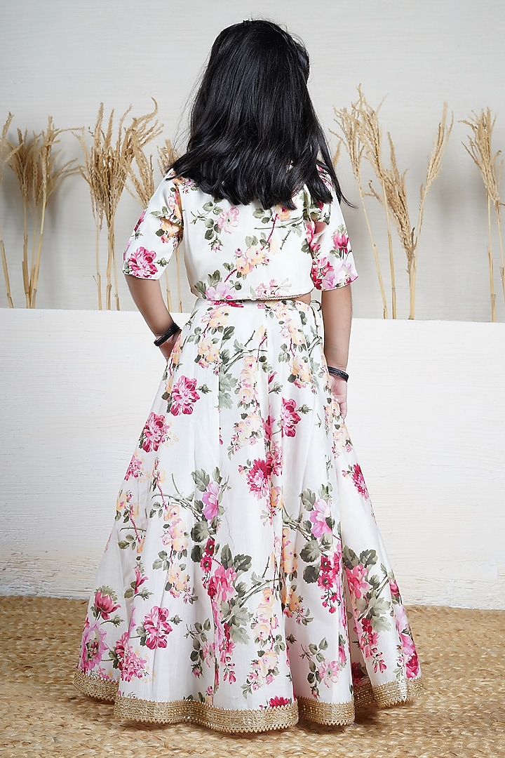 Ivory Handwoven Chanderi Floral Printed Lehenga Set For Girls by Mamma Plz at Pernia's Pop Up Shop