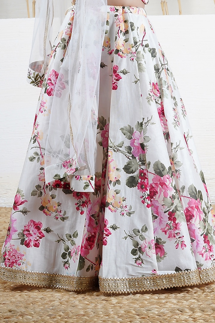 Ivory Handwoven Chanderi Floral Printed Lehenga Set For Girls by Mamma Plz at Pernia's Pop Up Shop