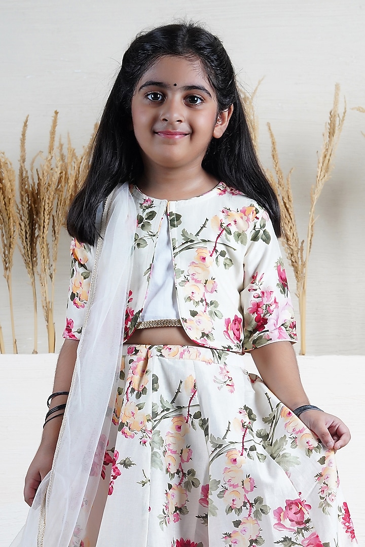 Ivory Handwoven Chanderi Floral Printed Lehenga Set For Girls by Mamma Plz at Pernia's Pop Up Shop