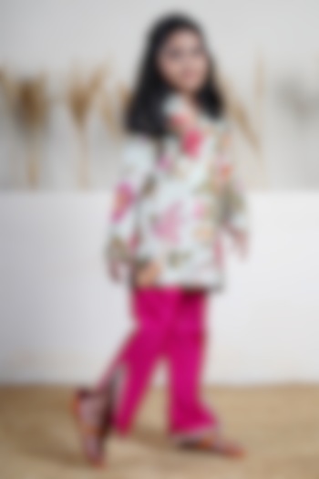 Multi-Colored Handwoven Chanderi Floral Printed Kurta Set For Girls by Mamma Plz at Pernia's Pop Up Shop