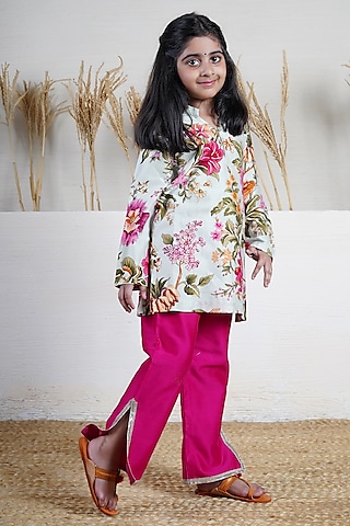 Multi-Colored Handwoven Chanderi Floral Printed Kurta Set For Girls by Mamma Plz