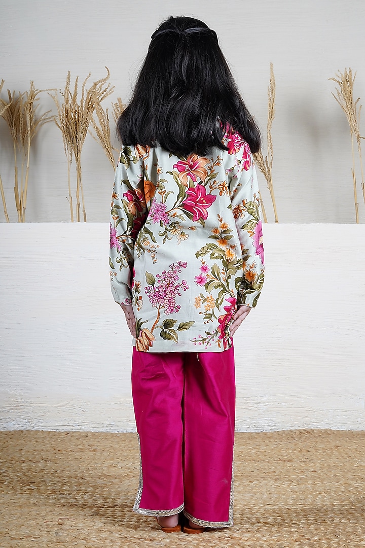 Multi-Colored Handwoven Chanderi Floral Printed Kurta Set For Girls by Mamma Plz at Pernia's Pop Up Shop