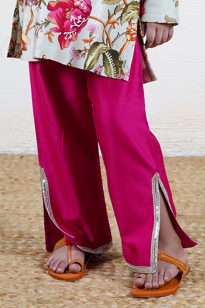 Multi-Colored Handwoven Chanderi Floral Printed Kurta Set For Girls by Mamma Plz at Pernia's Pop Up Shop