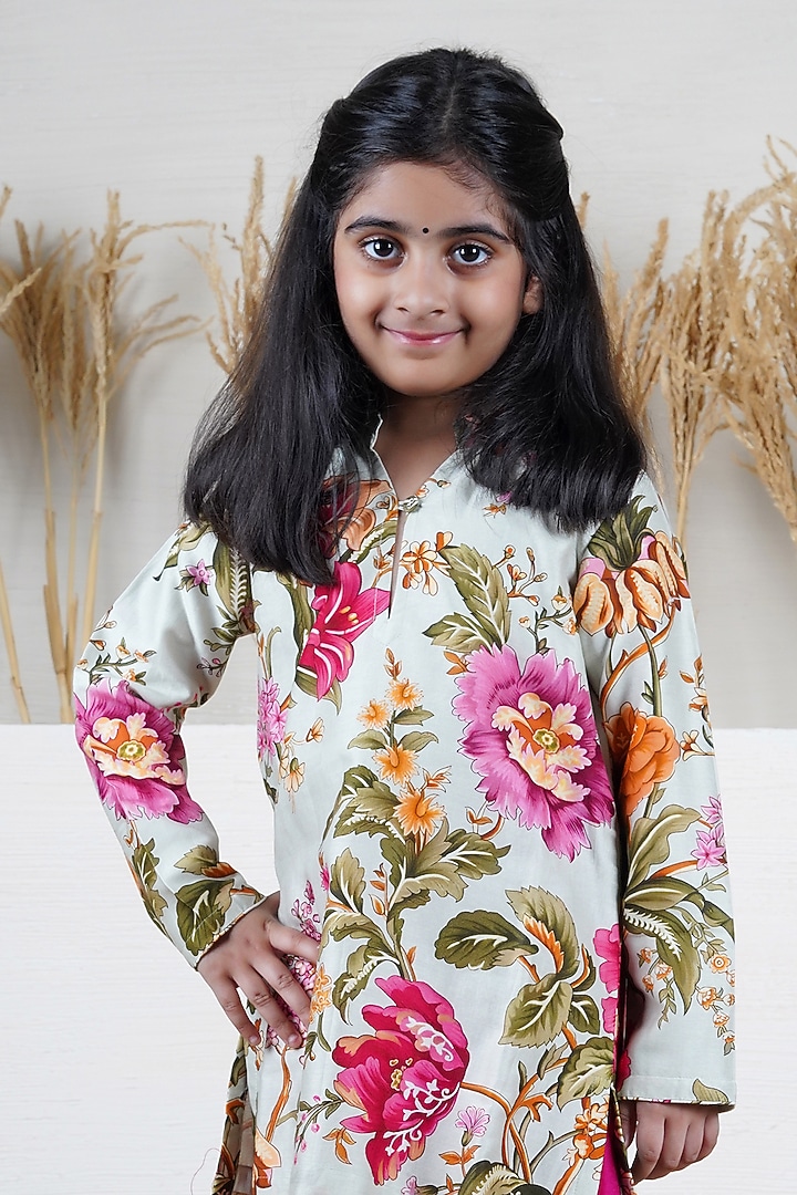 Multi-Colored Handwoven Chanderi Floral Printed Kurta Set For Girls by Mamma Plz at Pernia's Pop Up Shop