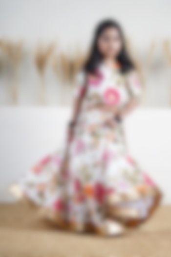 Ivory Handwoven Chanderi Floral Printed Lehenga Set For Girls by Mamma Plz at Pernia's Pop Up Shop
