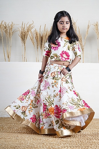 Ivory Handwoven Chanderi Floral Printed Lehenga Set For Girls by Mamma Plz