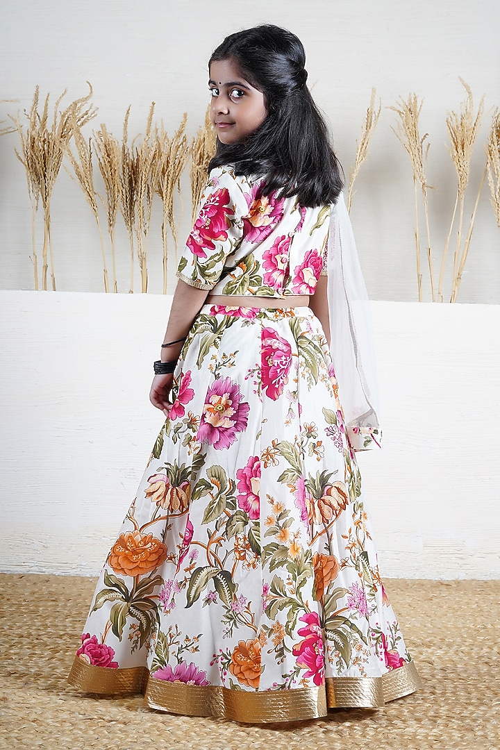 Ivory Handwoven Chanderi Floral Printed Lehenga Set For Girls by Mamma Plz at Pernia's Pop Up Shop