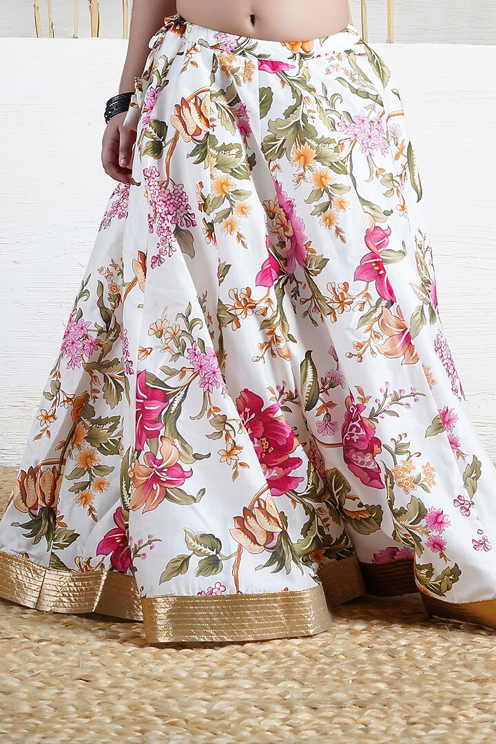 Ivory Handwoven Chanderi Floral Printed Lehenga Set For Girls by Mamma Plz at Pernia's Pop Up Shop