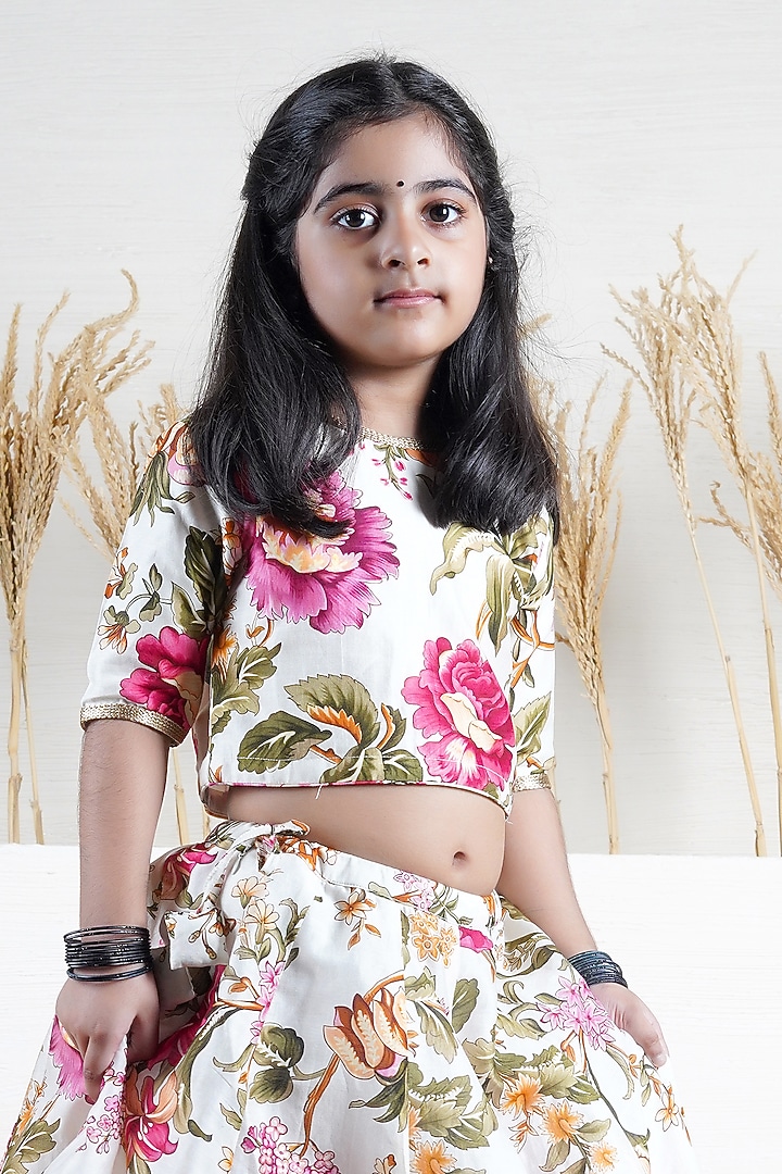 Ivory Handwoven Chanderi Floral Printed Lehenga Set For Girls by Mamma Plz at Pernia's Pop Up Shop