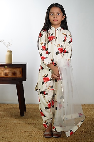Ivory Handwoven Chanderi Floral Printed Dhoti Set For Girls by Mamma Plz