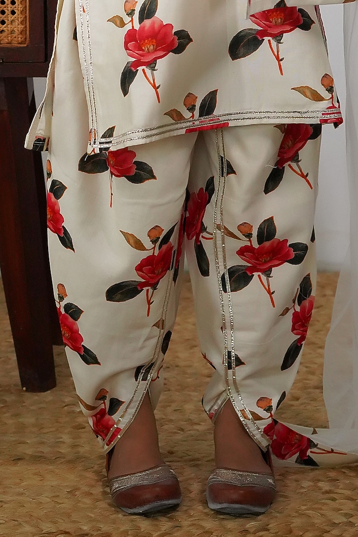 Ivory Handwoven Chanderi Floral Printed Dhoti Set For Girls by Mamma Plz at Pernia's Pop Up Shop