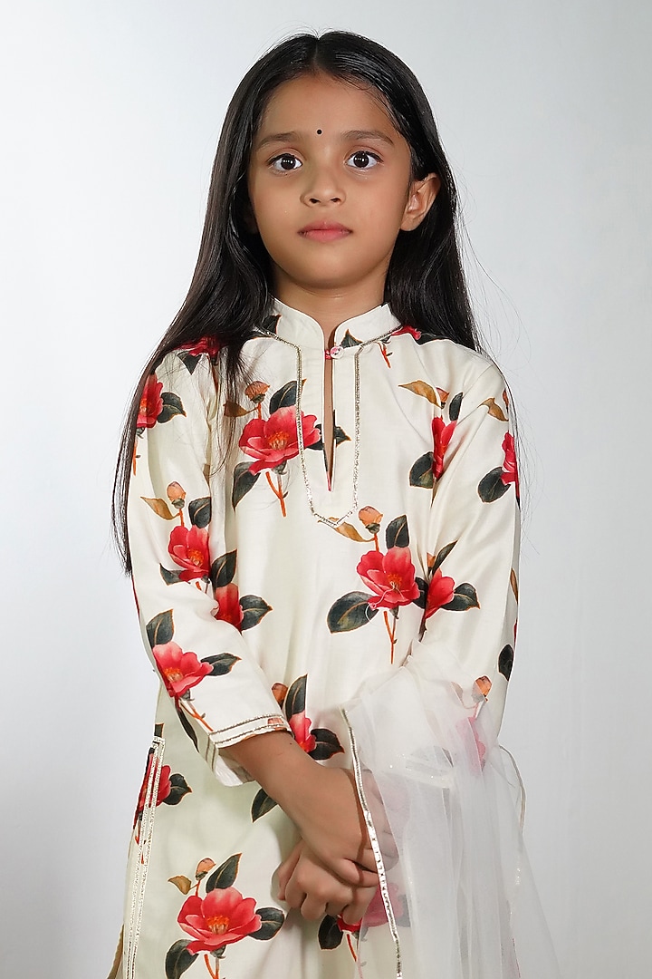 Ivory Handwoven Chanderi Floral Printed Dhoti Set For Girls by Mamma Plz at Pernia's Pop Up Shop