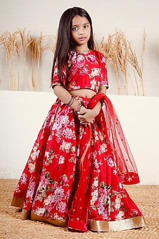Red Handwoven Chanderi Floral Printed Lehenga Set For Girls by Mamma Plz