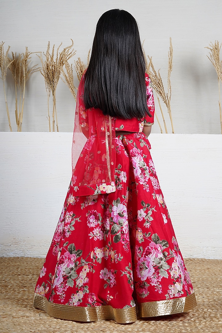 Red Handwoven Chanderi Floral Printed Lehenga Set For Girls by Mamma Plz at Pernia's Pop Up Shop