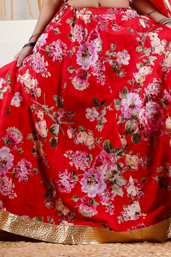 Red Handwoven Chanderi Floral Printed Lehenga Set For Girls by Mamma Plz at Pernia's Pop Up Shop