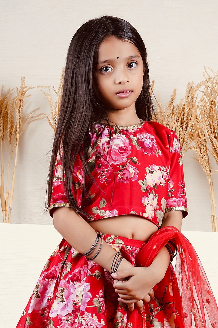 Red Handwoven Chanderi Floral Printed Lehenga Set For Girls by Mamma Plz at Pernia's Pop Up Shop